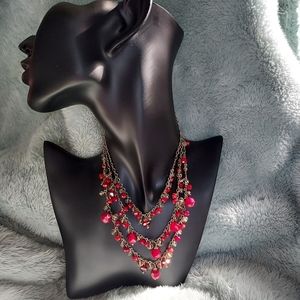 Vintage White House Red & Clear Beaded Necklace on Silver Tone Chain